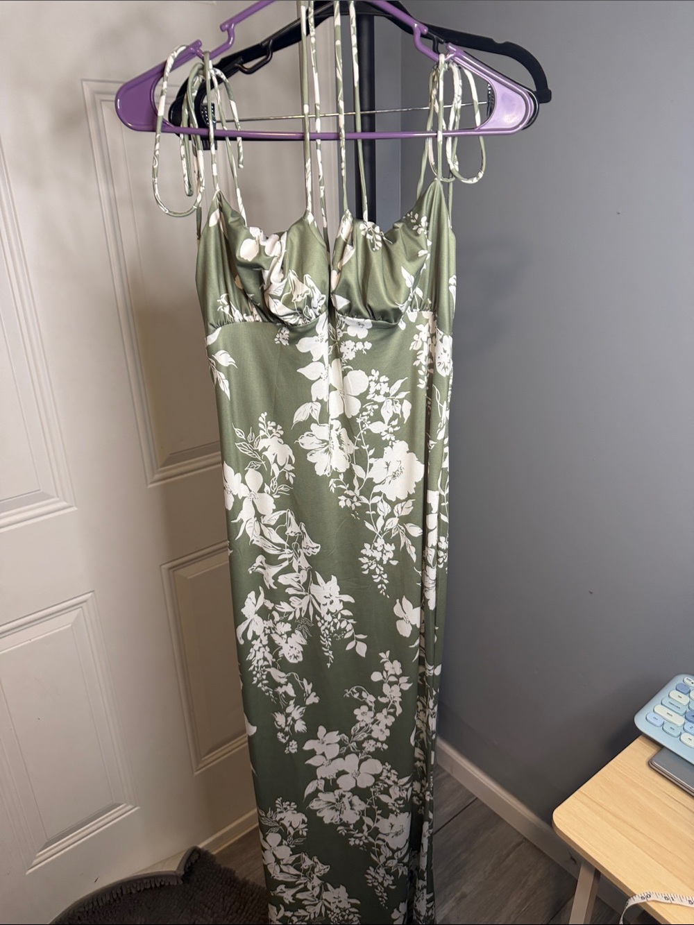 Olive Green Floral Maxi Slip Dress with White Blossom Print